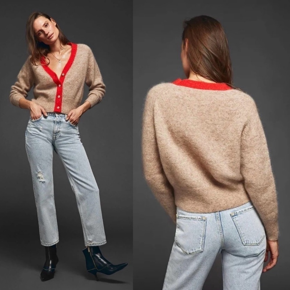 Nwot Anine Bing Mason Mohair Blend Cardigan Size Xs Red Beige Pullover Sweater